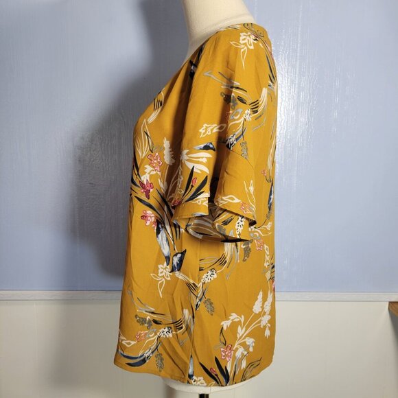 Ivanka Trump Extra Small Goldenrod Floral V Neck Ruffle Short Sleeve Bouse - Picture 7 of 10